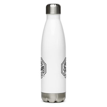 Anik & Florian Podcast Logo Black Stainless Steel Water Bottle White 17 oz front shot 2