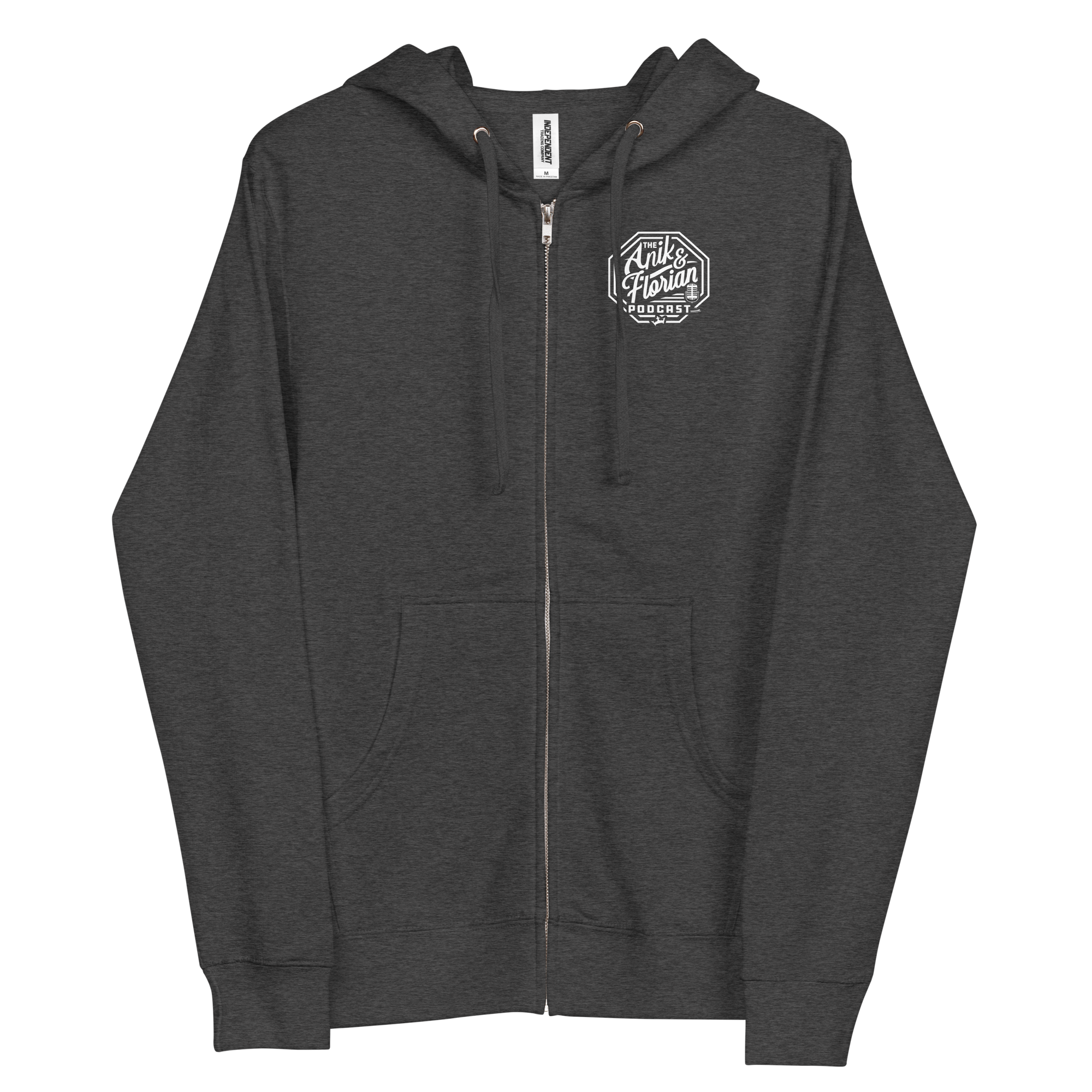 Jon Anik & Kenny Florian Podcast Zip Up Embroidered Logo Hoodie in Charcoal Heather Grey