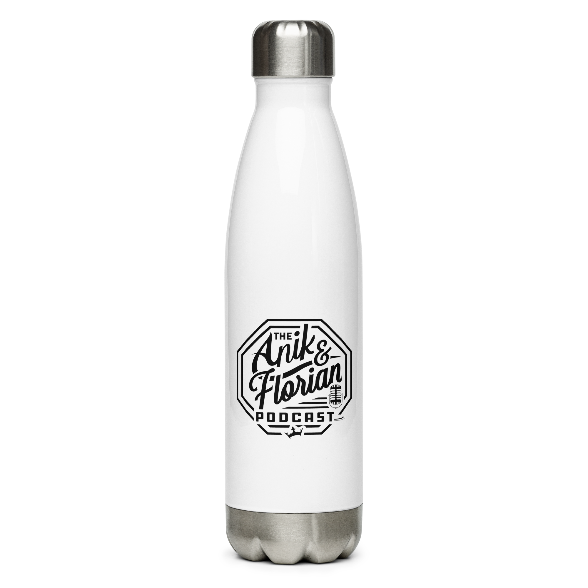 Anik & Florian Podcast Logo Black Stainless Steel Water Bottle White 17 oz left