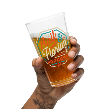 Anik & Florian Podcast Logo Shaker Pint Glass Front Held in Hand