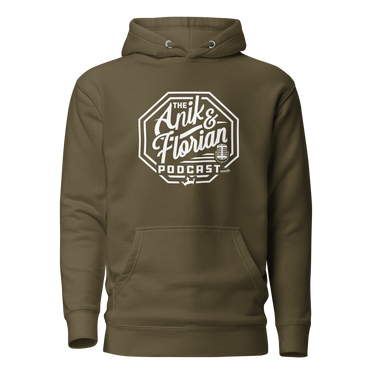 Anik & Florian Podcast White Logo Hoodie Military Green Front