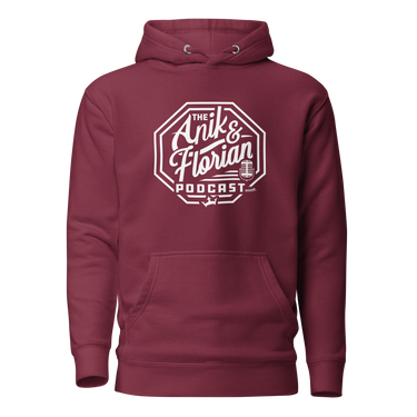 Anik & Florian Podcast White Logo Hoodie Maroon Front