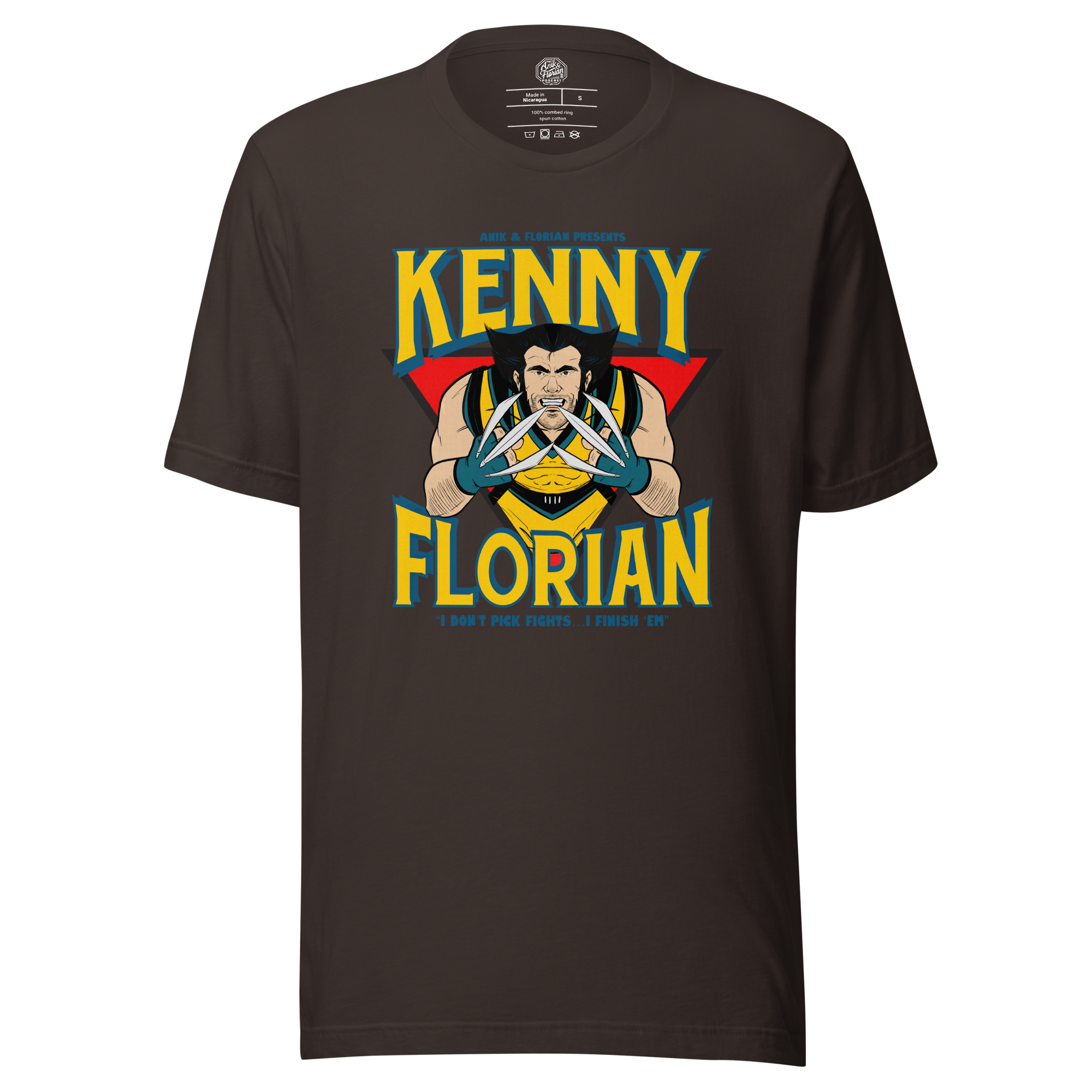 Kenny Florian Ken Flo Wolverine Anik & Florian Podcast by Average Joe Art T-Shirt in Brown